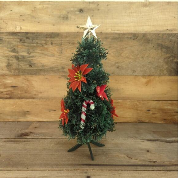 Vtg 1950s Tabletop Plastic Christmas Tree with Red Flocked Ornaments Gold Star - Picture 1 of 10